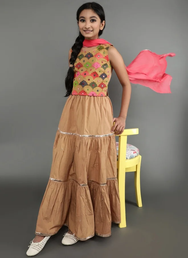 AKS Beige and Pink Embroidered Lehenga Choli for Girls