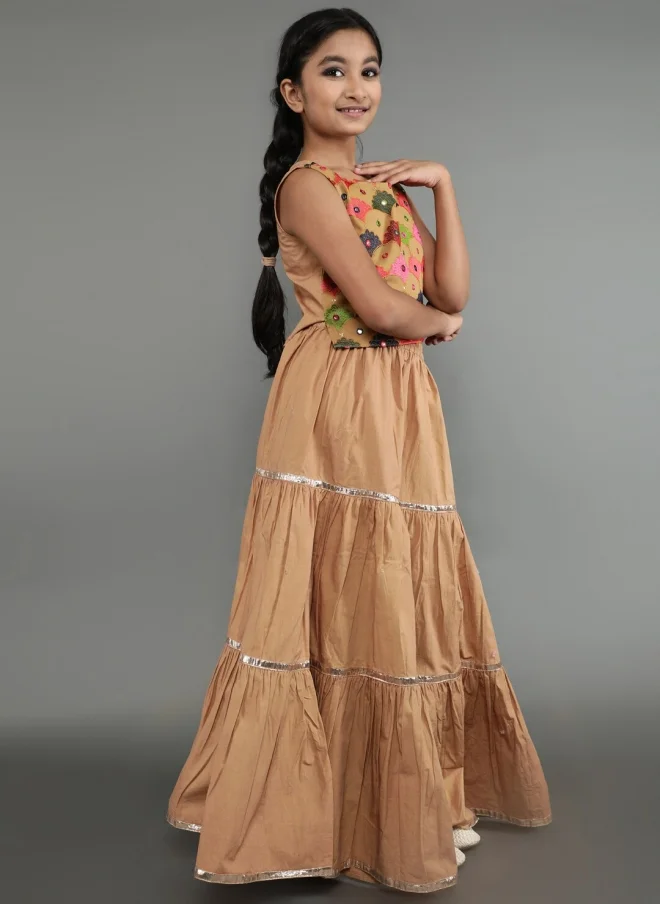AKS Beige and Pink Embroidered Lehenga Choli for Girls