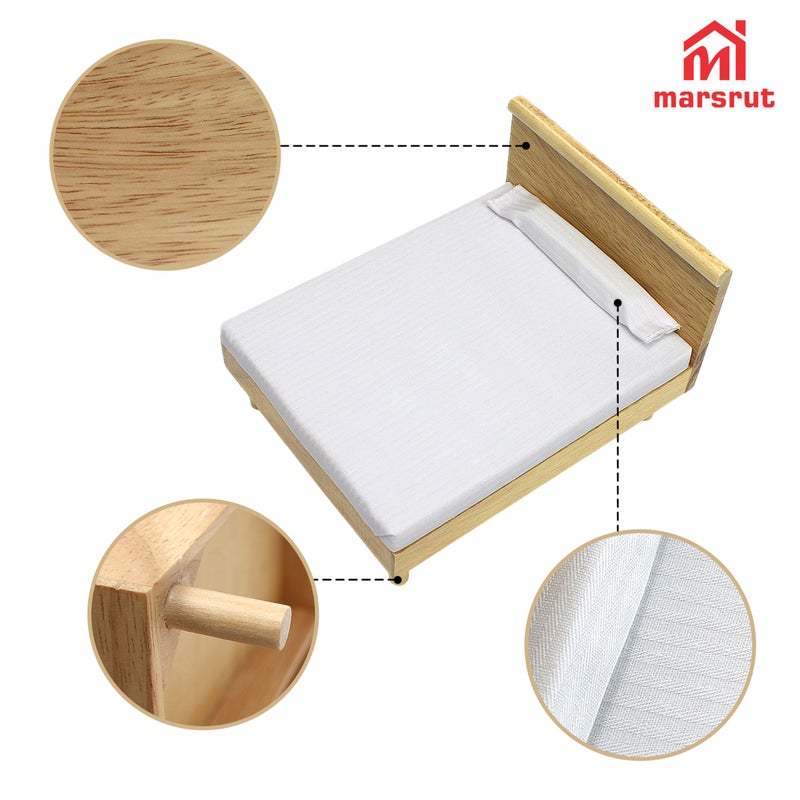 Marsrut Doll House Bed Miniature 1:12 Dollhouse Bedroom Furniture for 6 Inch Dolls Wooden Single Beds with Bedding Fabric, 1/12 Scale Vintage Victorian Mini Accessory DIY Scene Decoration Home Props Modern - Image 4