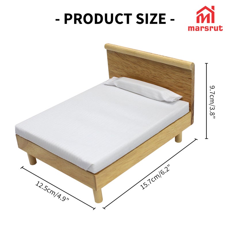 Marsrut Doll House Bed Miniature 1:12 Dollhouse Bedroom Furniture for 6 Inch Dolls Wooden Single Beds with Bedding Fabric, 1/12 Scale Vintage Victorian Mini Accessory DIY Scene Decoration Home Props Modern - Image 2