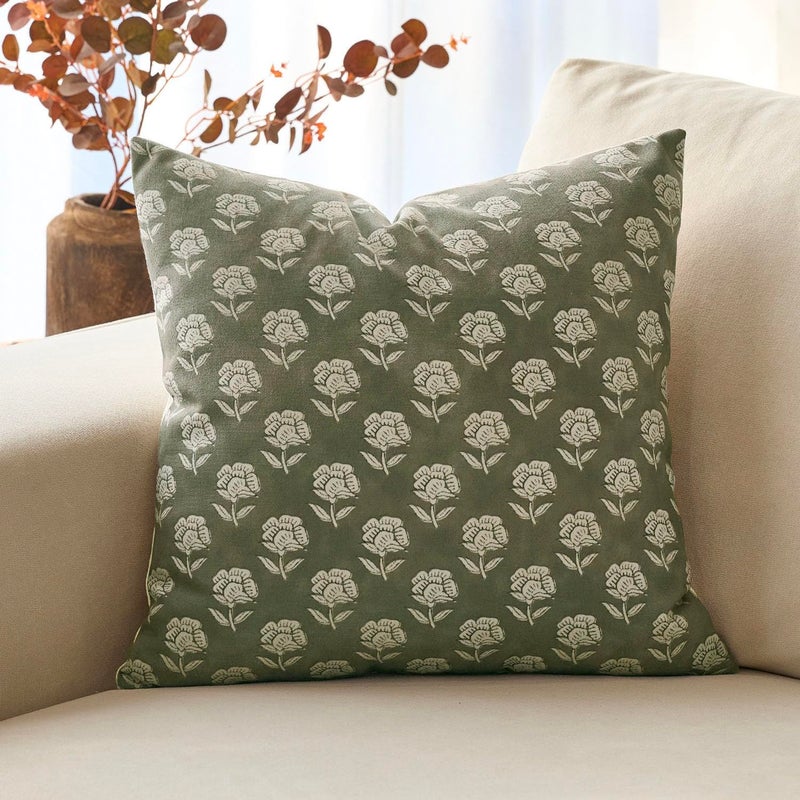 DOMVITUS Floral Pillow Covers 20x20 Throw Pillow Covers Decorative Farmhouse Block Floral Print Vintage Pillow Cover for Living Room Couch Bed Dusty Green 1PC