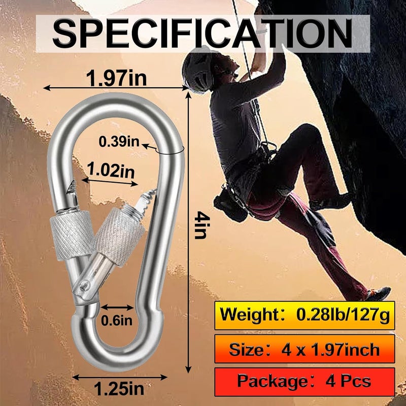 Acquwistach Locking Carabiner Clips, Stainless Steel Spring Snap Hook Locking Carabiner Heavy Duty - 304 Premium Stainless Steel Thumb Screw Carabiner Clip - Image 3