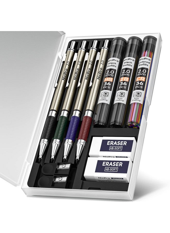 Nicpro 4 Pcs Premium 2.0 Mm Mechanical Pencils Set 108 Colored & Black (Hb 2B) Lead Refills Art Metal 2Mm Carpenter Pencil With 2 Erasers 2 Sharpeners For Drafting Sketching Drawing With Case - Image 1