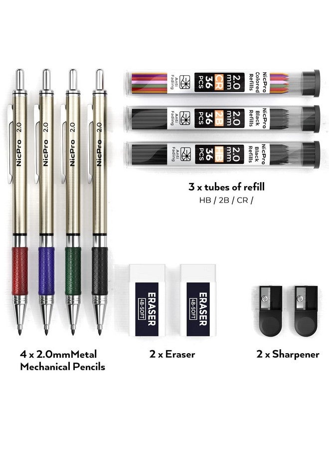 Nicpro 4 Pcs Premium 2.0 Mm Mechanical Pencils Set 108 Colored & Black (Hb 2B) Lead Refills Art Metal 2Mm Carpenter Pencil With 2 Erasers 2 Sharpeners For Drafting Sketching Drawing With Case - Image 3