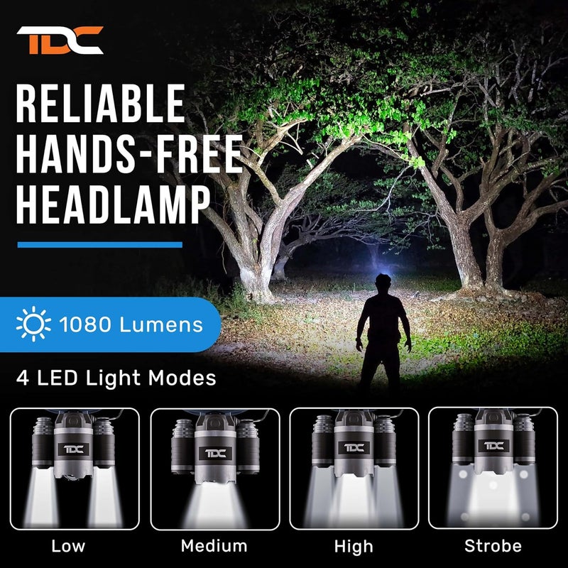 TDC مصباح رأس LED قابل لإعادة الشحن فائق السطوع - مصباح رأس USB-C للبالغين - أضواء رأس للجبهة - مصباح يدوي 1080 لومن - بطارية 10 ساعات للخوذة، التخييم، الصيد، العمل - Image 2