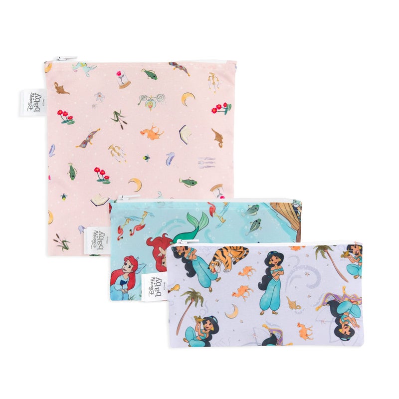 Bumkins Disney Reusable Sandwich and Snack Bags, for Kids School Lunch and for Adults Portion, Washable Fabric, Waterproof Cloth Zip Bag, Travel Pouch, Food-Safe Storage, 3-pk Princess Magic - Image 1