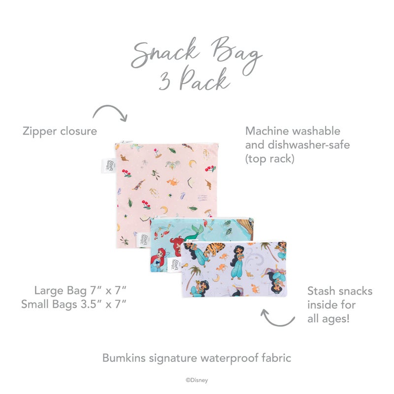 Bumkins Disney Reusable Sandwich and Snack Bags, for Kids School Lunch and for Adults Portion, Washable Fabric, Waterproof Cloth Zip Bag, Travel Pouch, Food-Safe Storage, 3-pk Princess Magic - Image 5