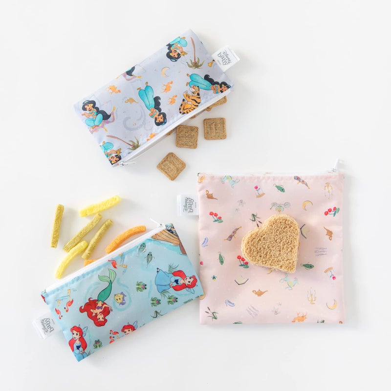 Bumkins Disney Reusable Sandwich and Snack Bags, for Kids School Lunch and for Adults Portion, Washable Fabric, Waterproof Cloth Zip Bag, Travel Pouch, Food-Safe Storage, 3-pk Princess Magic - Image 2