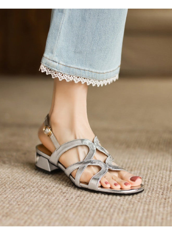 AME French Elegance Sandals 2025 New Cross-strap Slimming Low Heel Sandals Exquisite Ladies Sandals - Image 1