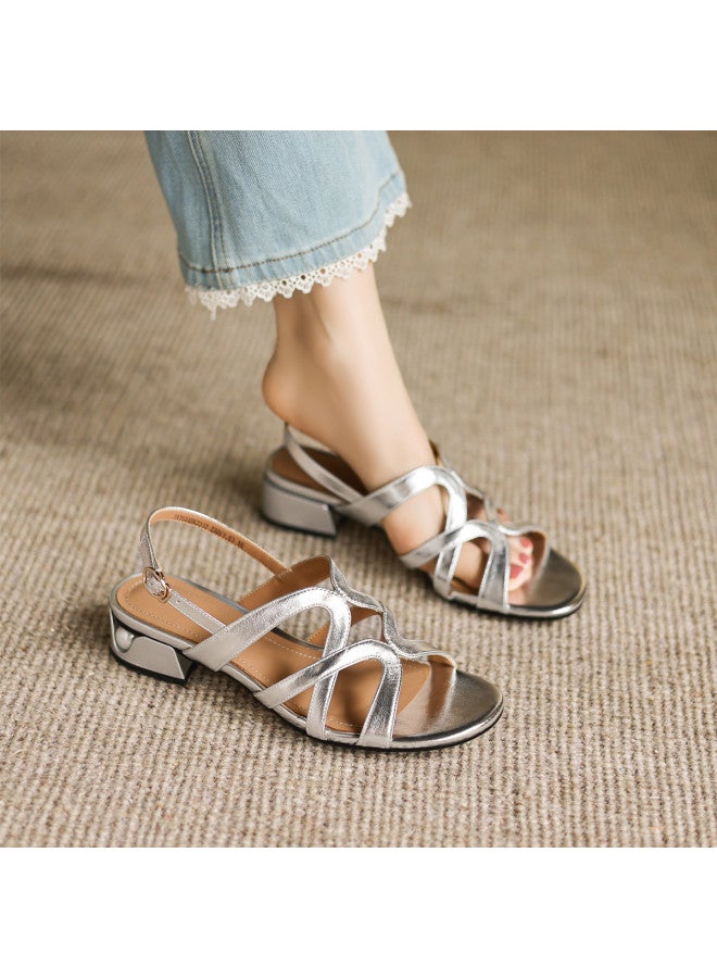 AME French Elegance Sandals 2025 New Cross-strap Slimming Low Heel Sandals Exquisite Ladies Sandals - Image 2