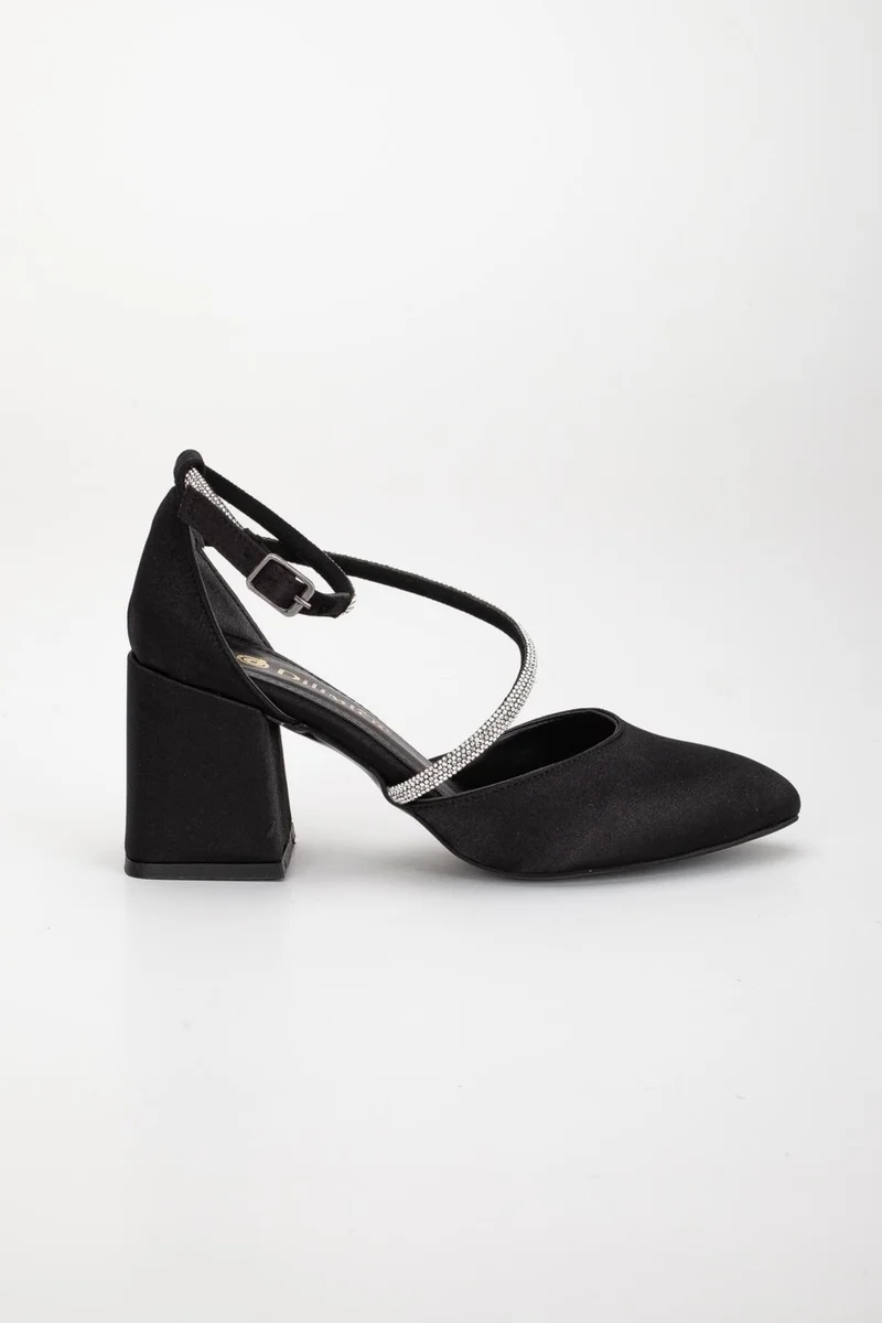 Dilimler Ayakkabı Slices Shoes Large Size Helmet Stoned Belly Slit Satin Black Women's Heeled Evening Dress Shoes
