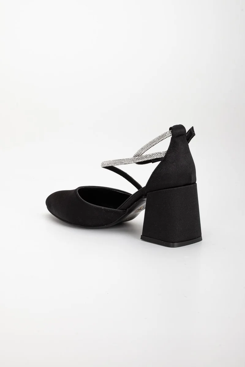 Dilimler Ayakkabı Slices Shoes Large Size Helmet Stoned Belly Slit Satin Black Women's Heeled Evening Dress Shoes