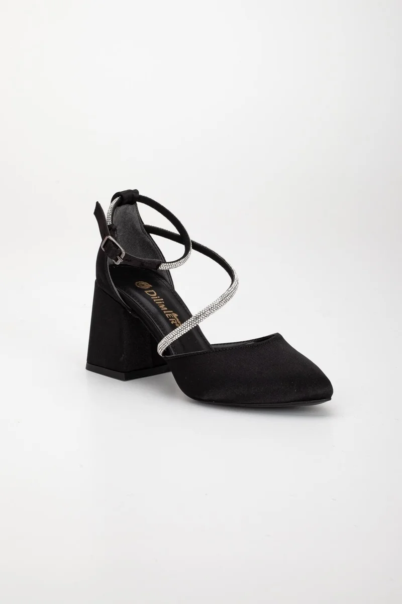 Dilimler Ayakkabı Slices Shoes Large Size Helmet Stoned Belly Slit Satin Black Women's Heeled Evening Dress Shoes