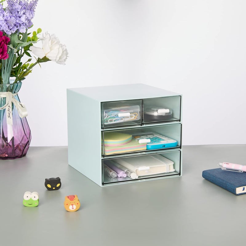 LETURE Desk Organizer with 4 Drawers, Clear Plastic Desk Storage Box, Desktop Organization for Office Supplies, Gel Pens, Pencils, Markers, Tape, Erasers, Paperclips, Chargers (Blue) - Image 2