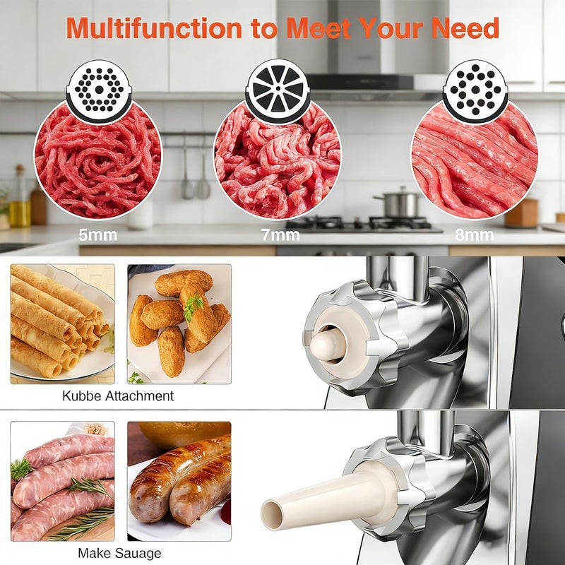 Angju Meat Mincer,Electric Meat Grinder Stainless Steel 2800W, Sausage Maker with 3 Cutting Plates, Sausage & Kubbe Kit (Black) - Image 2