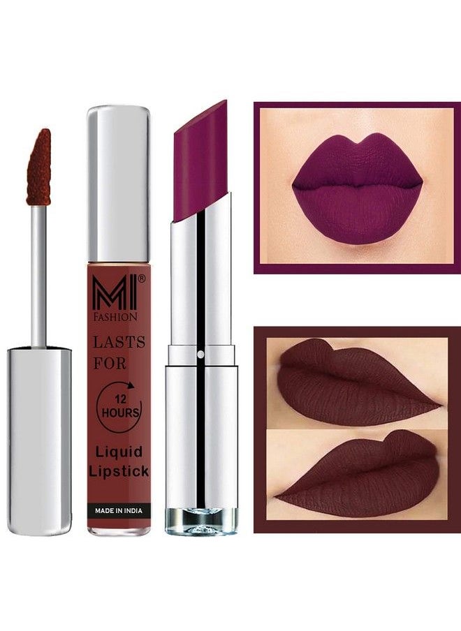 MI FASHION Made In India Lipstick Combo Offers 100% Veg Long Lasting Dark Brown Liquid Matte Lipstick Purple Passion Creamy Matte Lipstick  - Image 1