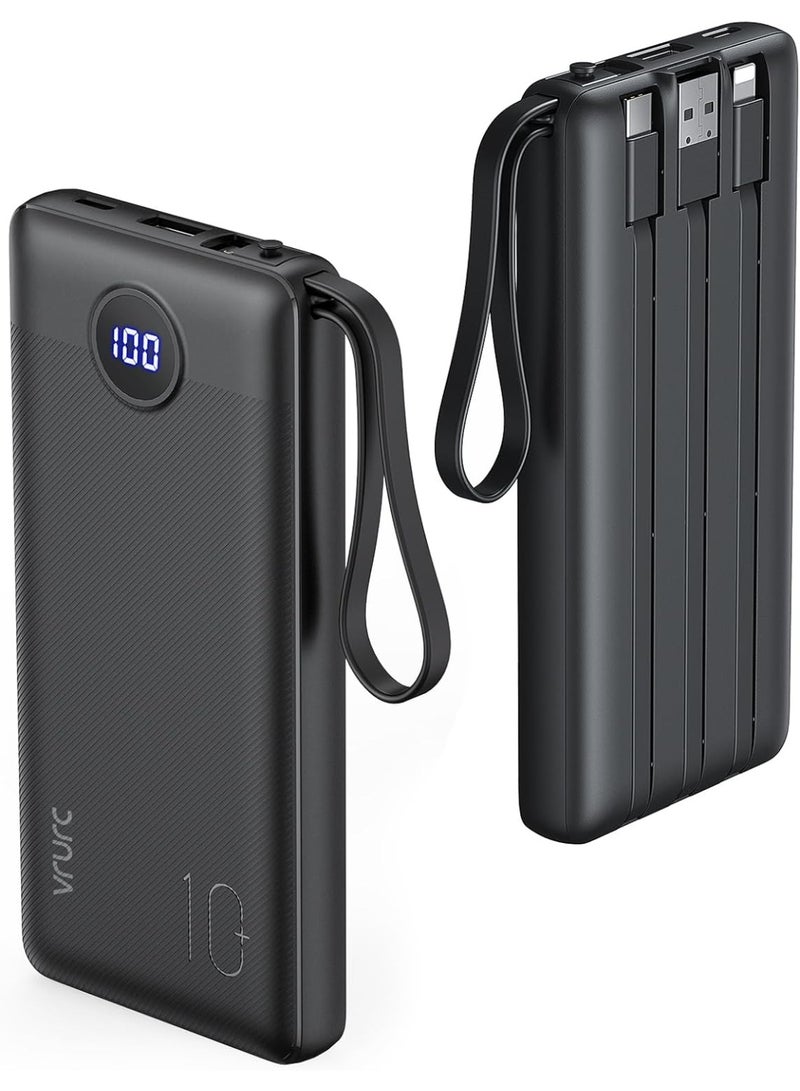 VRURC Power Bank 10000mAh with Built in Cables,VRURC USB C slim Portable Charger 5 Output & 2 Input LED Display External Battery Pack Chargers Compatible with iPhone,Samsung Cell Phones - Image 1