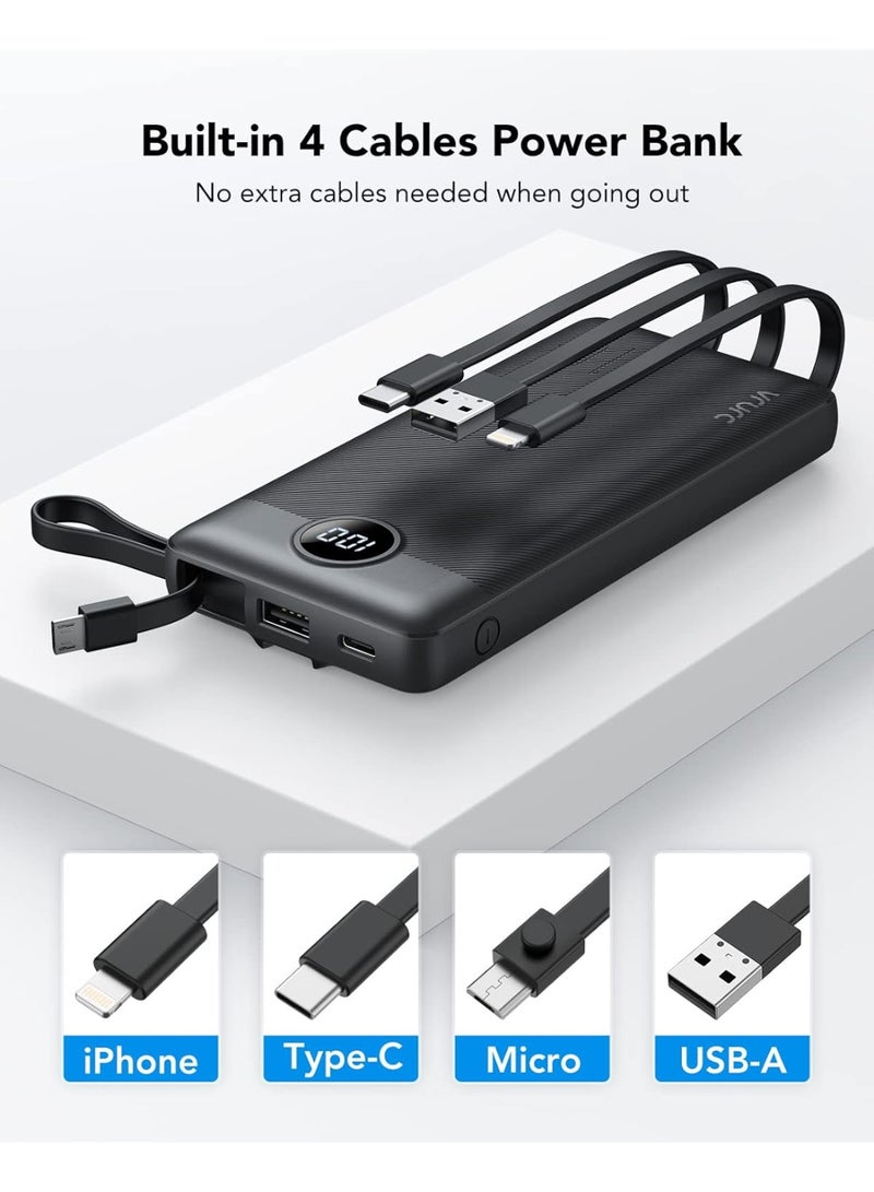 VRURC Power Bank 10000mAh with Built in Cables,VRURC USB C slim Portable Charger 5 Output & 2 Input LED Display External Battery Pack Chargers Compatible with iPhone,Samsung Cell Phones - Image 2