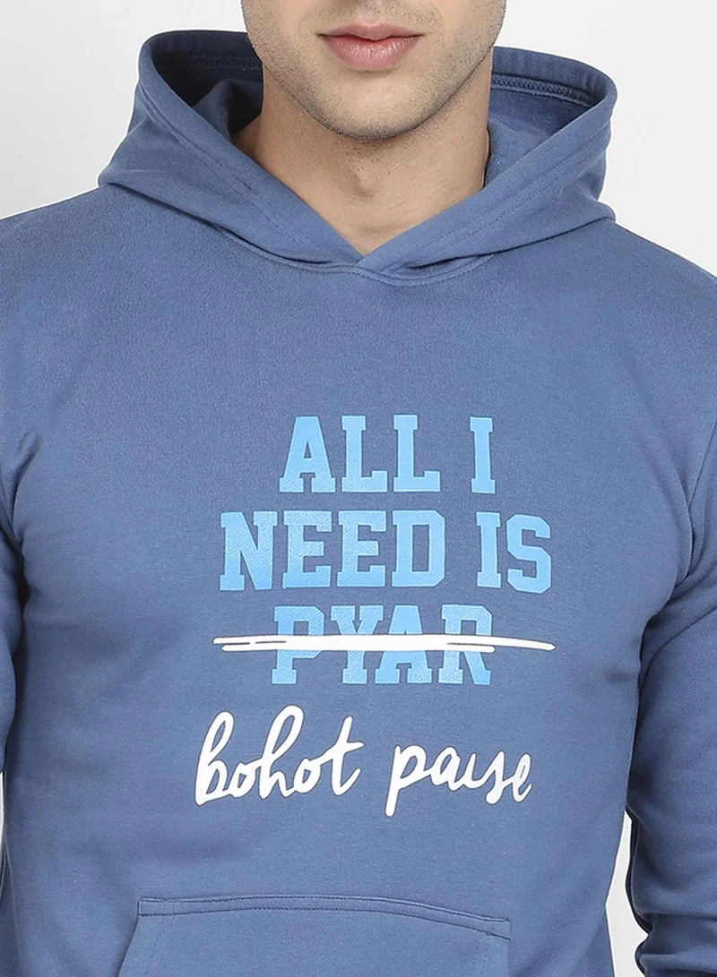 Campus Sutra Men's Blue All I Need Hoodie With Kangaroo Pocket