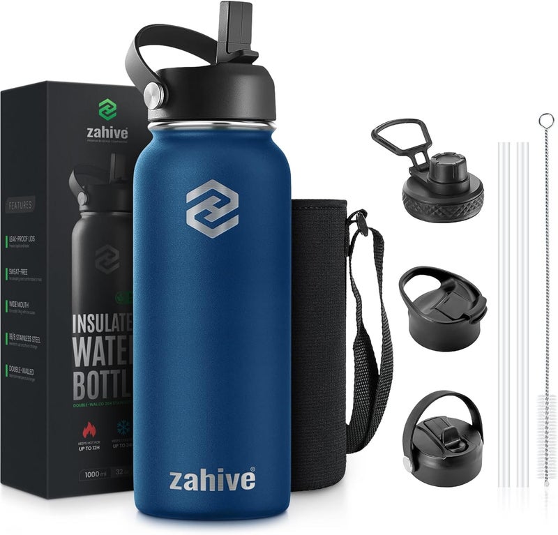 Zahive Insulated Water Bottle 1l with 3 Lids & Bag - Stainless Steel Water Bottle with Straw - 1000ml Double Wall Flask for Gym, Travel, Hot & Cold Drinks - Leak Proof (1 Liter, Navy Blue) - Image 1