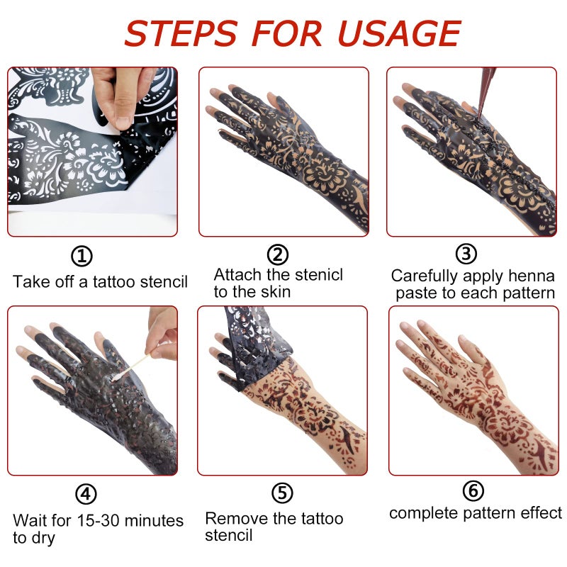 Mzstgh Henna Tattoo Stencil 9 Sheets, Indian Arabic Temporary Tattoo Templates Self-Adhesive Body Art Stickers for Hand Face Festival Party - Image 4