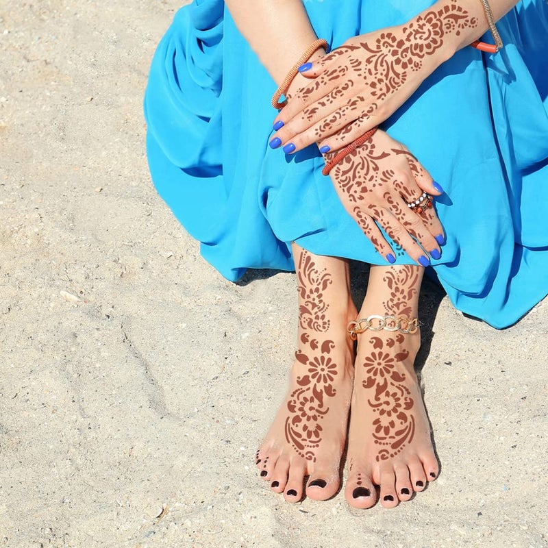 Mzstgh Henna Tattoo Stencil 9 Sheets, Indian Arabic Temporary Tattoo Templates Self-Adhesive Body Art Stickers for Hand Face Festival Party - Image 2