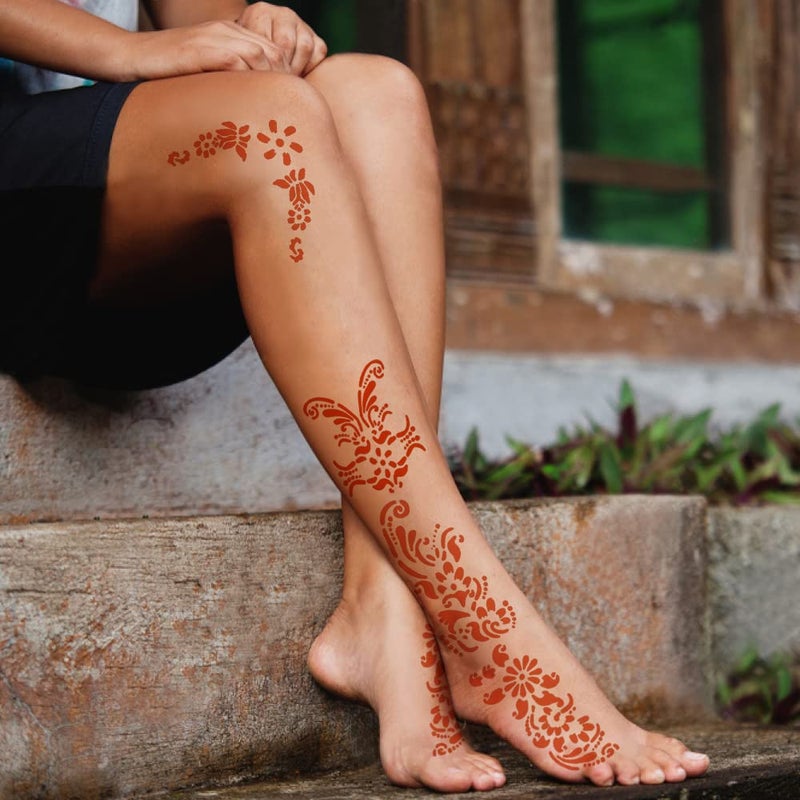 Mzstgh Henna Tattoo Stencil 9 Sheets, Indian Arabic Temporary Tattoo Templates Self-Adhesive Body Art Stickers for Hand Face Festival Party - Image 3