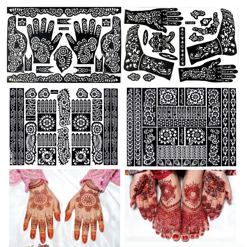 Mzstgh Henna Tattoo Stencil 9 Sheets, Indian Arabic Temporary Tattoo Templates Self-Adhesive Body Art Stickers for Hand Face Festival Party - Image 1