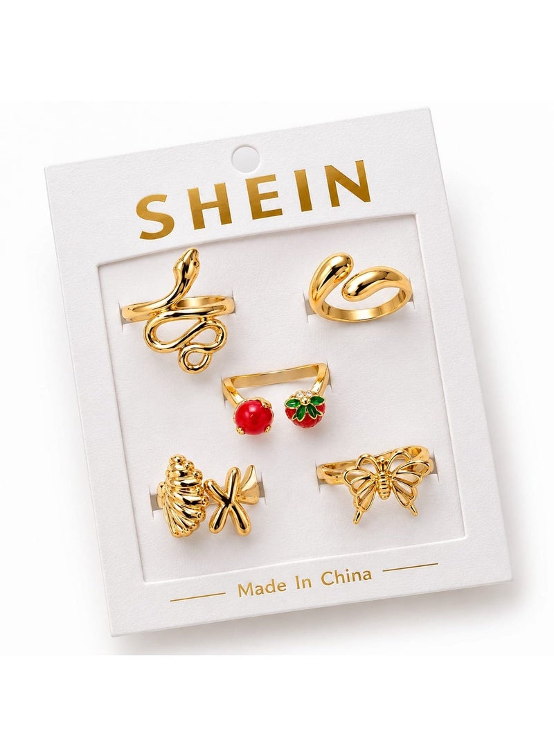 Shein Women's Gold Ring Set – 5 Pcs Trendy Fashion Rings - Image 2