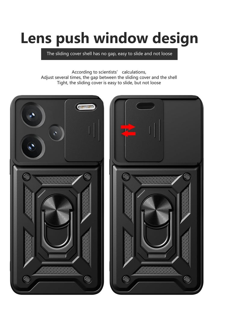 Case Cover For Xiaomi Redmi Note 13 Pro Plus 5G Black Mobile Phone , Slide Camera Lens Cover + 360°Rotating Kickstand Ring + Bumper Shockproof Phone Case - Image 4