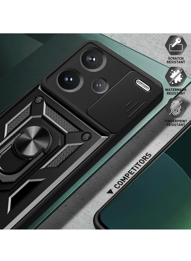 Case Cover For Xiaomi Redmi Note 13 Pro Plus 5G Black Mobile Phone , Slide Camera Lens Cover + 360°Rotating Kickstand Ring + Bumper Shockproof Phone Case - Image 2