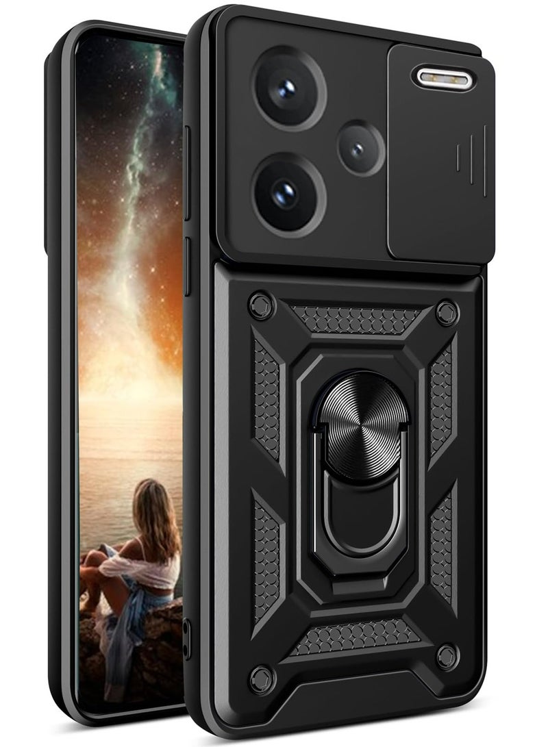 Case Cover For Xiaomi Redmi Note 13 Pro Plus 5G Black Mobile Phone , Slide Camera Lens Cover + 360°Rotating Kickstand Ring + Bumper Shockproof Phone Case - Image 1