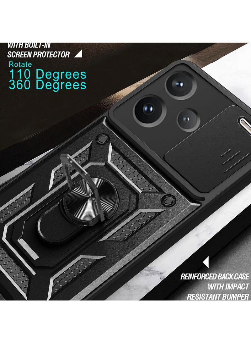 Case Cover For Xiaomi Redmi Note 13 Pro Plus 5G Black Mobile Phone , Slide Camera Lens Cover + 360°Rotating Kickstand Ring + Bumper Shockproof Phone Case - Image 3