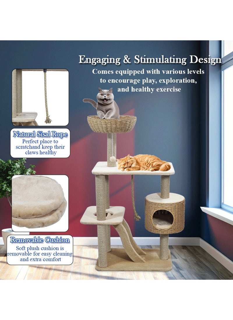 MAJIBAO - Modern cat tree tower with Durable sisal rope, dangling ball, and Top perch with hand-woven, Indoor cat playground with Hideaway condo, Wide platform, scratching posts, and Fun ladder, 126 cm (Beige) - Image 1