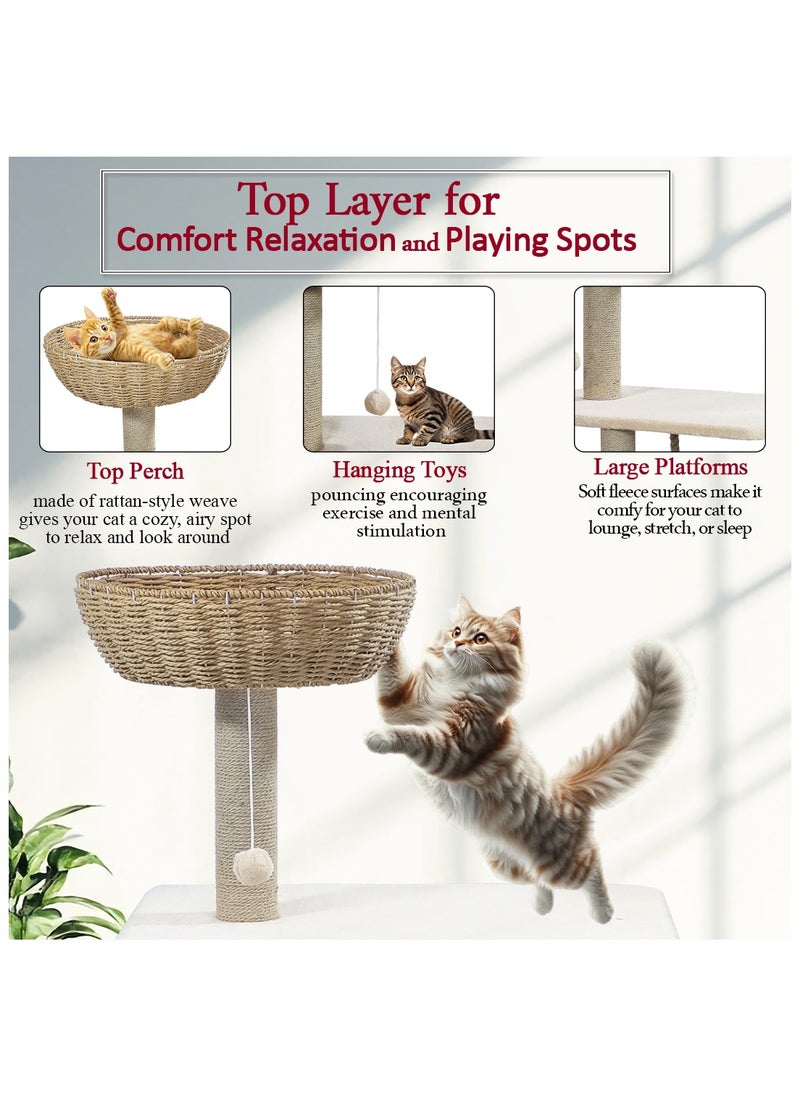 MAJIBAO - Modern cat tree tower with Durable sisal rope, dangling ball, and Top perch with hand-woven, Indoor cat playground with Hideaway condo, Wide platform, scratching posts, and Fun ladder, 126 cm (Beige) - Image 1