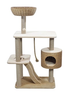 MAJIBAO Modern cat tree tower with Durable sisal rope, dangling ball, and Top perch with hand-woven, Indoor cat playground with Hideaway condo, Wide platform, scratching posts, and Fun ladder, 126 cm (Beige)  - Image 1