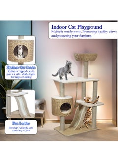 MAJIBAO Modern cat tree tower with Durable sisal rope, dangling ball, and Top perch with hand-woven, Indoor cat playground with Hideaway condo, Wide platform, scratching posts, and Fun ladder, 126 cm (Beige)  - Image 4