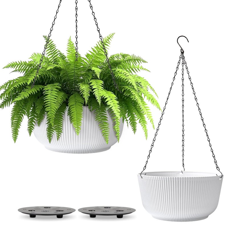 T4U 10 Inch Hanging Planters for Indoor Plants, 2 Pack White Self Watering Hanging Plant Pot, Hanging Pots Set with Drainage Hole & Plug & Chain with 3 Hooks for Garden Home Decor - Image 1