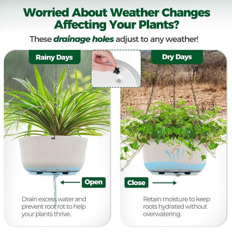 T4U 10 Inch Hanging Planters for Indoor Plants, 2 Pack White Self Watering Hanging Plant Pot, Hanging Pots Set with Drainage Hole & Plug & Chain with 3 Hooks for Garden Home Decor - Image 5