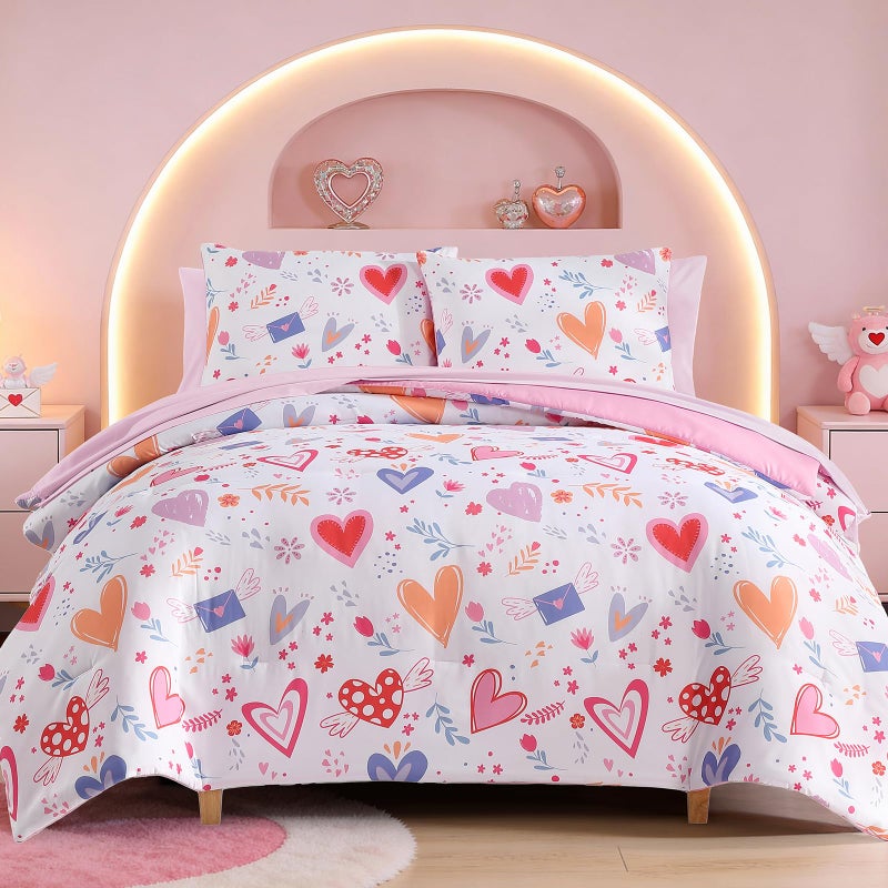Kaleido Space Twin Comforter Set for Girls Kids - 5 Pieces Heart Twin Bedding Sets for Girls Teen, Soft Cozy Bed in A Bag with Sheets - Image 1