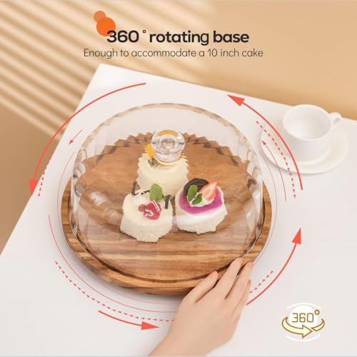 cutesun حامل كعكة من خشب الأكاسيا مع غطاء، 11.8 بوصة حامل كعكة دوار مع قبة، غطاء عرض كعكة أكريليك مقاوم للكسر 10.4 بوصة، صينية حامل كعكة لهدايا الزفاف، المطبخ، أعياد الميلاد، الحفلات، هدايا الخبز - Image 2