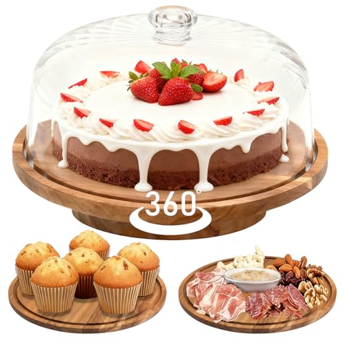 cutesun حامل كعكة من خشب الأكاسيا مع غطاء، 11.8 بوصة حامل كعكة دوار مع قبة، غطاء عرض كعكة أكريليك مقاوم للكسر 10.4 بوصة، صينية حامل كعكة لهدايا الزفاف، المطبخ، أعياد الميلاد، الحفلات، هدايا الخبز - Image 1