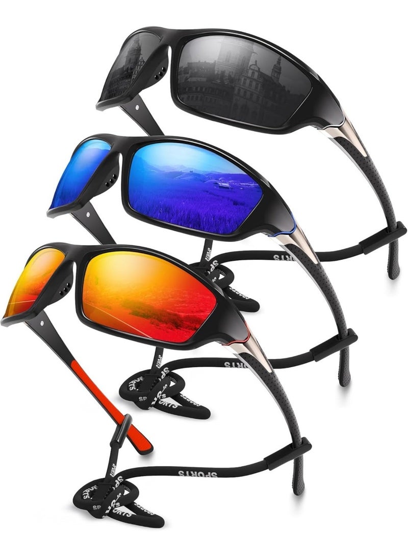 3 Pack Polarized Sports Sunglasses for Men, Wrap Around UV400 Protection for Cycling Fishing Driving - Image 1