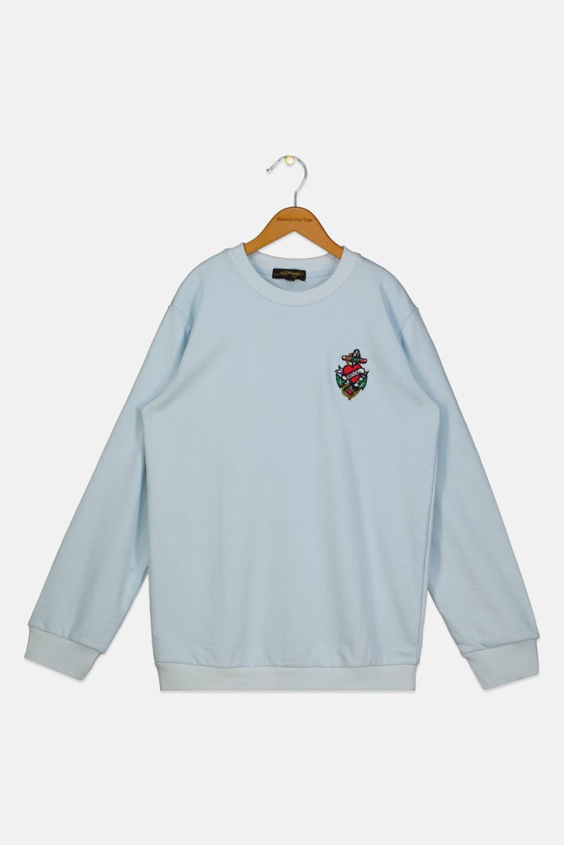 Ed Hardy سويت شيرت أولاد بأكمام طويلة مزخرفة بياقة دائرية، أزرق فاتح - Image 1