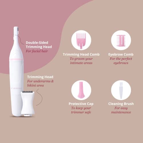 Carmesi Multipurpose Electric Trimmer | Painless Grooming for Sensitive Areas | Face, Underarms, Bikini Area | Comes with Eyebrow Comb, Cleaning Brush, Trimming Head Comb | Pack of 1 - Image 4