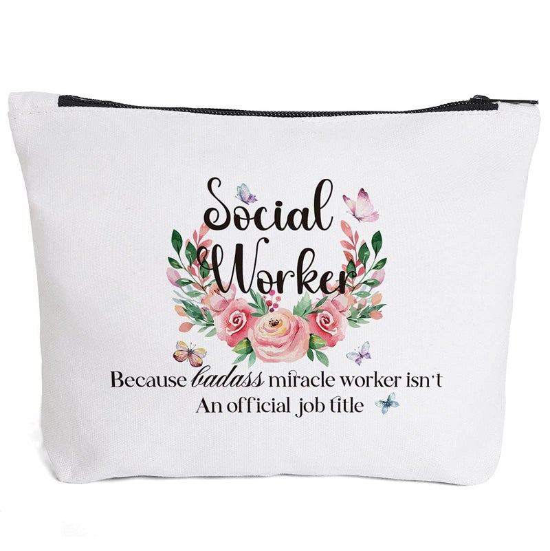 Fokongna Social Worker Appreciation Gifts, Thank you Gifts- Social Worker Because Badass Miracle Worker isn't An Official Job Title Makeup Bag, for women BSW Coworker Friends Social Work Month Gift - Image 1