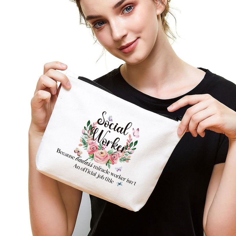 Fokongna Social Worker Appreciation Gifts, Thank you Gifts- Social Worker Because Badass Miracle Worker isn't An Official Job Title Makeup Bag, for women BSW Coworker Friends Social Work Month Gift - Image 3