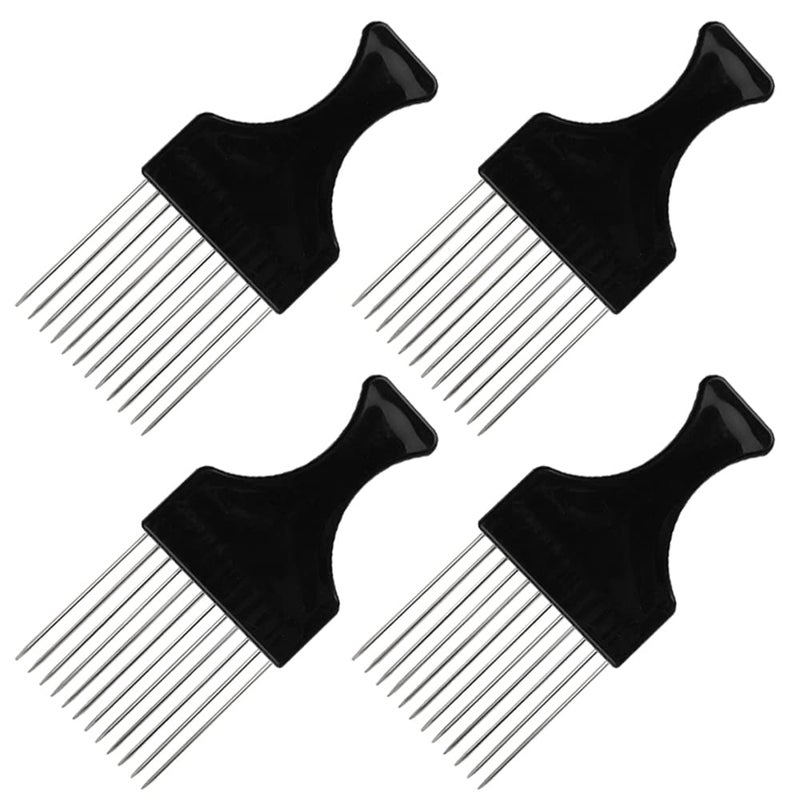 4 Packs Afro Comb Metal Pick Hairdressing Detangle Wig Braid Hair Styling Tool Black