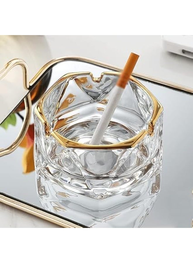 منفضة سجائر زجاجية كريستالية كبيرة شفافة وذهبية انيقة مقاومة للرياح مع 3 اخاديد، منفضة سجائر عصرية مزخرفة للمنزل والمكتب والفندق وغرفة المعيشة، زجاج انيق (تصميم 1) - Image 2