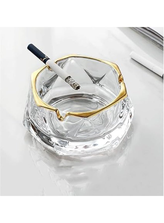 منفضة سجائر زجاجية كريستالية كبيرة شفافة وذهبية انيقة مقاومة للرياح مع 3 اخاديد، منفضة سجائر عصرية مزخرفة للمنزل والمكتب والفندق وغرفة المعيشة، زجاج انيق (تصميم 1) - Image 1